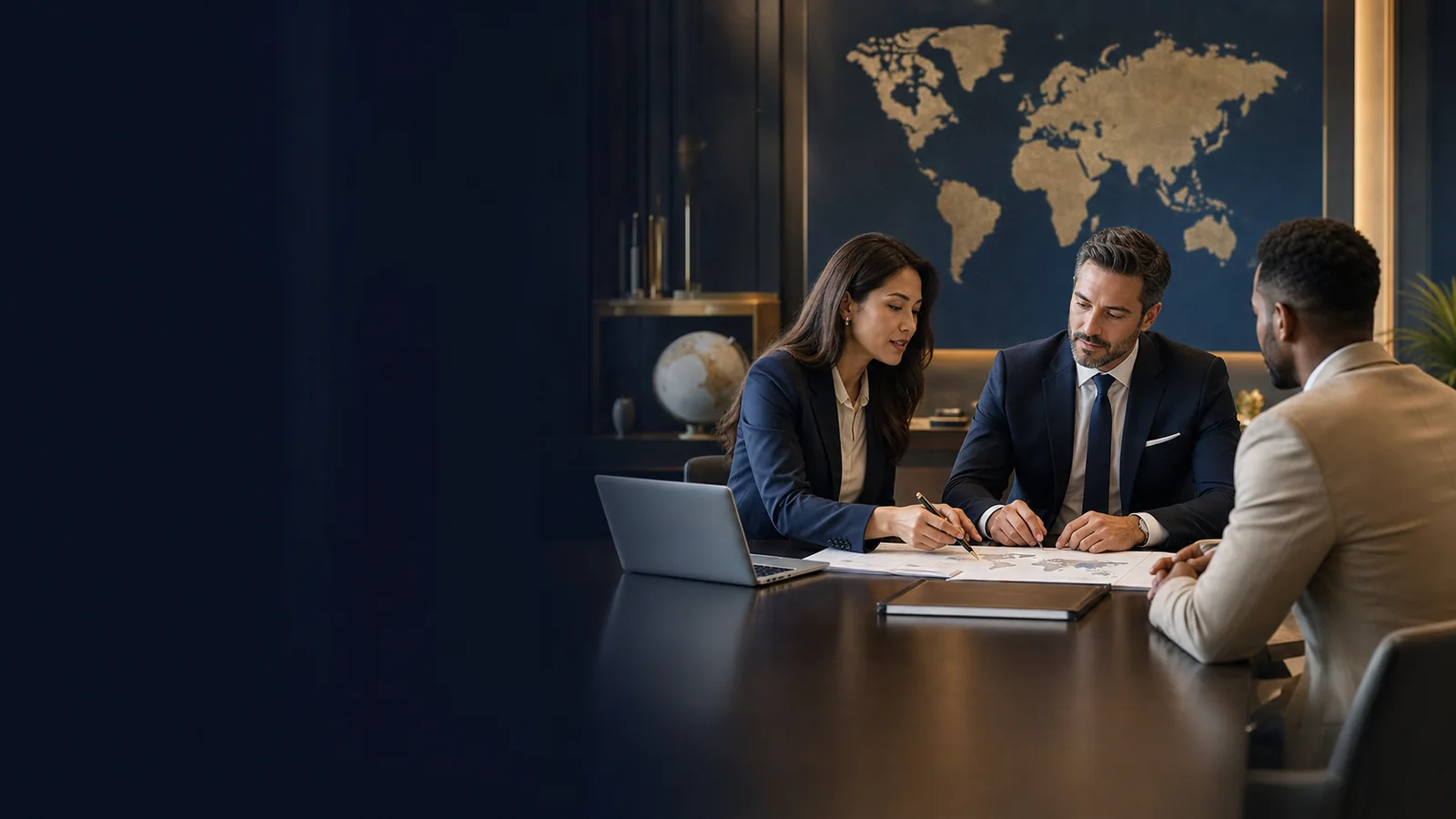 Consultores orientando um cliente em um ambiente corporativo internacional